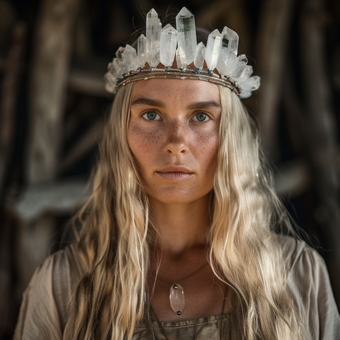 fair skinned woman with long blonde hair and a quartz crystal headband 