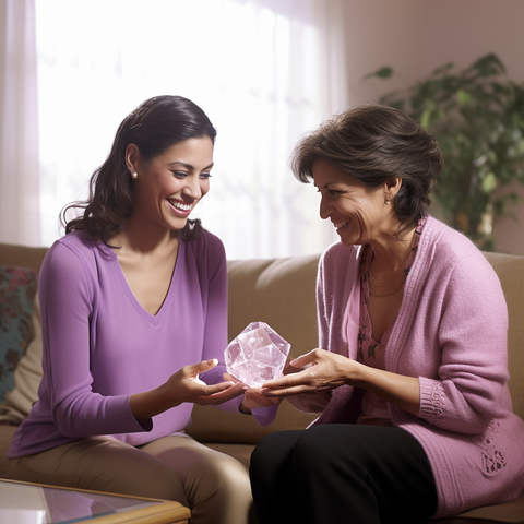 An older woman giving a younger woman a crystal